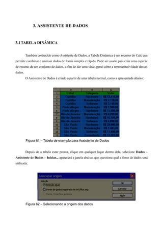 3. ASSISTENTE DE DADOS
3.1TABELA DINÂMICA
Também conhecido como Assistente de Dados, a Tabela Dinâmica é um recurso do Calc que
permite combinar e analisar dados de forma simples e rápida. Pode ser usado para criar uma espécie
de resumo de um conjunto de dados, a fim de dar uma visão geral sobre a representatividade desses
dados.
O Assistente de Dados é criado a partir de uma tabela normal, como a apresentada abaixo:
Figura 61 – Tabela de exemplo para Assistente de Dados
Depois de a tabela estar pronta, clique em qualquer lugar dentro dela, selecione Dados –
Assistente de Dados – Iniciar... aparecerá a janela abaixo, que questiona qual a fonte de dados será
utilizada:
Figura 62 – Selecionando a origem dos dados
 