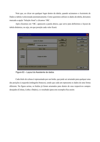 Note que, ao clicar em qualquer lugar dentro da tabela, quando acionamos o Assistente de
Dados a tabela é selecionada automaticamente. Como queremos utilizar os dados da tabela, deixamos
marcada a opção ‘Seleção Atual’ e clicamos ‘OK’.
Após clicarmos em ‘OK’, aparecerá a janela abaixo, que serve para definirmos o layout da
tabela dinâmica, ou seja, em que posição cada valor ficará:
Figura 63 – Layout do Assistente de dados
Cada título de coluna é representado por um botão, que pode ser arrastado para qualquer uma
das posições à esquerda (retângulos brancos), sendo que cada um representa os dados de uma forma
diferente. Na figura acima, os botões já foram arrastados para dentro de seus respectivos campos
desejados (Coluna, Linha e Dados), e o resultado (para este exemplo) fica assim:
 