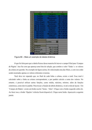 Figura 66 – Mais um exemplo de tabela dinâmica
O que foi feita para que a tabela ficasse dessa maneira foi mover o campo Filial para ‘Campos
de Página’. Isso faz com que apareça uma lista de seleção, que contém o valor ‘Todas’ e os valores
da coluna em questão. No exemplo da figura acima, foi selecionada uma das filiais, e com isso estão
sendo mostrados apenas os valores referentes à mesma.
Você deve ter reparado que, no final de cada linha e coluna, existe o total. Esse total é
calculado sobre a linha ou coluna correspondente, e por padrão calcula a soma dos valores. No
entanto, é possível utilizar outras funções, como média, máximo, mínimo, além de funções
estatísticas, como desvio padrão. Para trocar a função da tabela dinâmica, vá até a tela de layout. Em
‘Campos de Dados’, existe um botão escrito ‘Soma – Valor’. Clique com o botão esquerdo sobre ele.
Ao fazer isso, o botão ‘Opções’ à direita ficará disponível. Clique neste botão. Aparecerá a seguinte
janela:
 