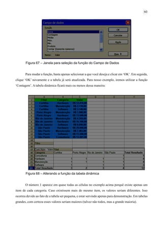 60
Figura 67 – Janela para seleção da função do Campo de Dados
Para mudar a função, basta apenas selecionar a que você deseja e clicar em ‘OK’. Em seguida,
clique ‘OK’ novamente e a tabela já será atualizada. Para nosso exemplo, iremos utilizar a função
‘Contagem’. A tabela dinâmica ficará mais ou menos dessa maneira:
Figura 68 – Alterando a função da tabela dinâmica
O número 1 aparece em quase todas as células no exemplo acima porquê existe apenas um
item de cada categoria. Caso existissem mais do mesmo item, os valores seriam diferentes. Isso
ocorreu devido ao fato de a tabela ser pequena, e estar servindo apenas para demonstração. Em tabelas
grandes, com certeza esses valores seriam maiores (talvez não todos, mas a grande maioria).
 