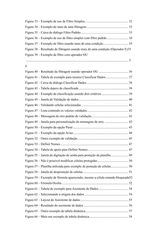 Figura 33 – Exemplo de uso de Filtro Simples ..................................................... 32
Figura 34 – Exemplo de mais de uma filtragem.................................................... 33
Figura 35 – Caixa de diálogo Filtro Padrão........................................................... 33
Figura 36 – Exemplo de uso de filtro simples com filtro padrão .......................... 34
Figura 37 – Exemplo de filtro usando mais de uma condição............................... 35
Figura 38 – Resultado de filtragem usando mais de uma condição (Operador E)35
Figura 39 – Exemplo de filtro com operador OU
............................................................................................................................... 3
6
Figura 40 – Resultado da filtragem usando operador OU..................................... 36
Figura 41 – Tabela de exemplo para recurso Classificar Dados............................ 37
Figura 42 – Caixa de diálogo Classificar Dados ................................................... 38
Figura 43 – Tabela depois de classificada ............................................................. 38
Figura 44 – Exemplo de classificação usando dois critérios................................. 39
Figura 45 – Janela de Validação de dados ............................................................. 40
Figura 46 – Validando células selecionadas .......................................................... 41
Figura 47 – Lista contendo os valores validados................................................... 42
Figura 48 – Mensagem de erro padrão de validação ............................................. 42
Figura 49 – Janela para personalização da mensagem de erro. ............................. 43
Figura 50 – Exemplo da opção Parar..................................................................... 43
Figura 51 – Exemplo da opção Aviso.................................................................... 44
Figura 52 – Outro exemplo de validação............................................................... 45
Figura 53 – Definir Nomes.................................................................................... 47
Figura 54 – Tabela de apoio para Definir Nomes.................................................. 47
Figura 55 – Janela de digitação de senha para proteção da planilha ..................... 49
Figura 56 – Não é possível modificar células protegidas...................................... 50
Figura 57 – Planilha utilizada para exemplo de proteção de células..................... 50
Figura 58 – Janela de desproteção de células ........................................................ 51
Figura 59 – Exemplo de fórmula aparecendo, mesmo a célula estando bloqueada52
Figura 60 – Fórmula Oculta................................................................................... 52
Figura 61 – Tabela de exemplo para Assistente de Dados..................................... 54
Figura 62 – Selecionando a origem dos dados ...................................................... 54
Figura 63 – Layout do Assistente de dados ........................................................... 55
Figura 64 – Resultado do assistente de dados ....................................................... 56
Figura 65 – Outro exemplo de tabela dinâmica..................................................... 57
Figura 66 – Mais um exemplo de tabela dinâmica................................................ 58
 