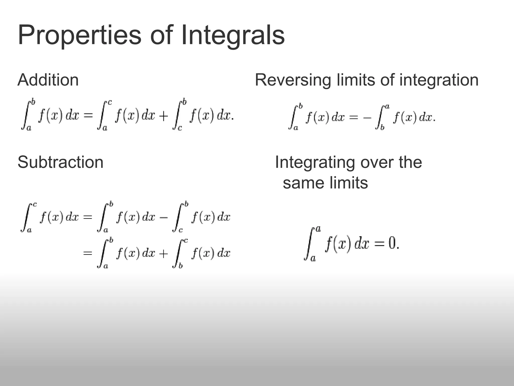 Properties of Integrals
Addition Reversing limits of integration
Subtraction Integrating over the
same limits
 