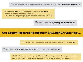 Is this how the company reported it? Or have these numbers been adjusted by someone?
“ ”
Got Equity Research Headaches? CALCBENCH Can Help….
How much time do I (or my $100k+/year analysts) waste
hunting for and typing in data by hand?
…or worse…are we just skipping analysis because it’s too slow?
“
”
Is anyone here actually reading the disclosures?
“ ”
The numbers in this model…how can I see where they came from?
“ ”
Why does it take so long after new filings for our data to get updated?
“ ”
When I look at a new company, it takes me hours to grab all of the filings and numbers,
just so I can start my analysis…now what if I want to look at 20 new companies?“
”
 