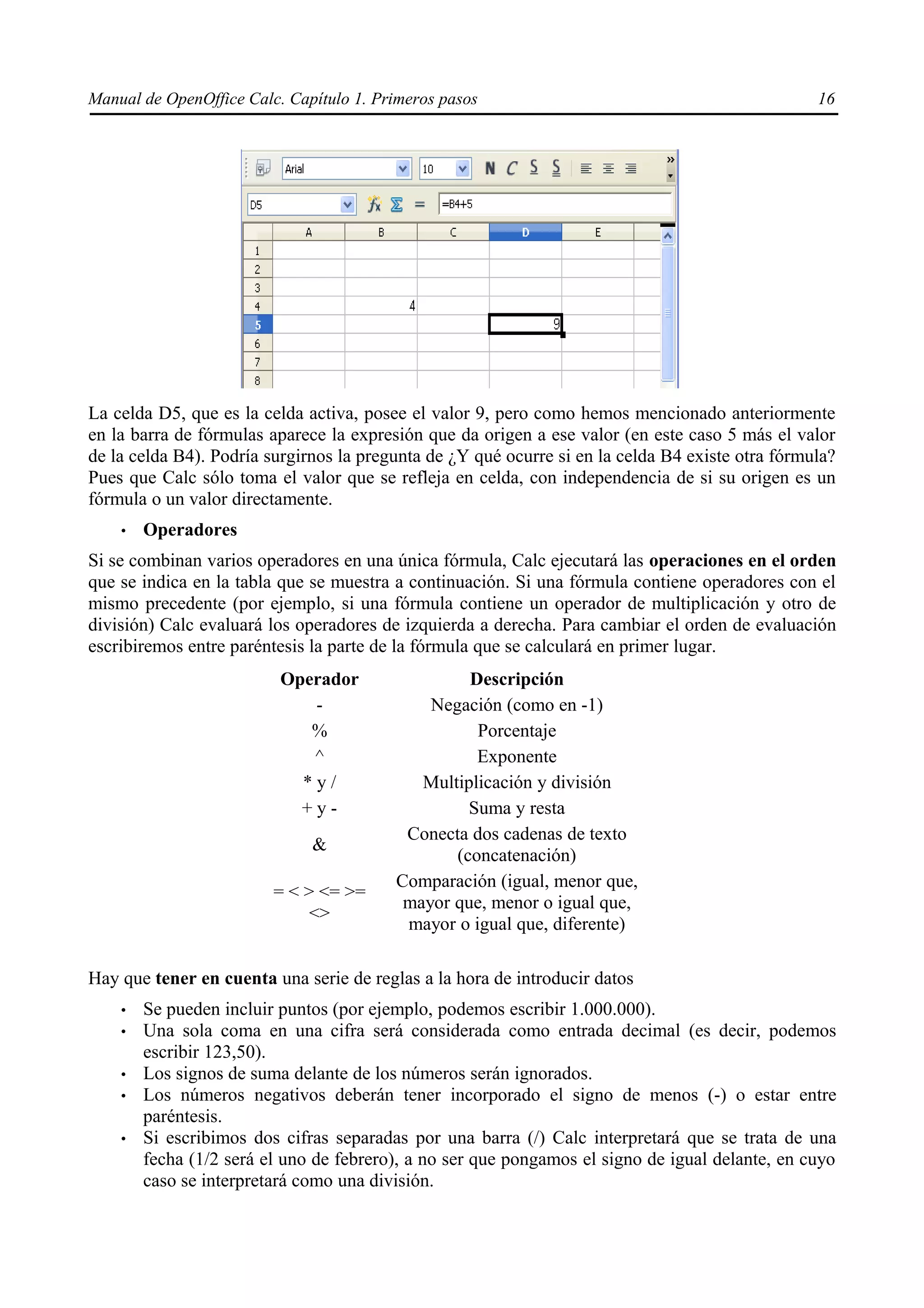 Manual de OpenOffice Calc. Capítulo 1. Primeros pasos                                             16




La celda D5, que es la celda activa, posee el valor 9, pero como hemos mencionado anteriormente
en la barra de fórmulas aparece la expresión que da origen a ese valor (en este caso 5 más el valor
de la celda B4). Podría surgirnos la pregunta de ¿Y qué ocurre si en la celda B4 existe otra fórmula?
Pues que Calc sólo toma el valor que se refleja en celda, con independencia de si su origen es un
fórmula o un valor directamente.
    •   Operadores
Si se combinan varios operadores en una única fórmula, Calc ejecutará las operaciones en el orden
que se indica en la tabla que se muestra a continuación. Si una fórmula contiene operadores con el
mismo precedente (por ejemplo, si una fórmula contiene un operador de multiplicación y otro de
división) Calc evaluará los operadores de izquierda a derecha. Para cambiar el orden de evaluación
escribiremos entre paréntesis la parte de la fórmula que se calculará en primer lugar.
                          Operador                Descripción
                             -               Negación (como en -1)
                             %                     Porcentaje
                             ^                     Exponente
                            *y/             Multiplicación y división
                            +y-                   Suma y resta
                                          Conecta dos cadenas de texto
                              &
                                                (concatenación)
                                         Comparación (igual, menor que,
                         = < > <= >=
                                          mayor que, menor o igual que,
                              <>
                                          mayor o igual que, diferente)

Hay que tener en cuenta una serie de reglas a la hora de introducir datos
    •   Se pueden incluir puntos (por ejemplo, podemos escribir 1.000.000).
    •   Una sola coma en una cifra será considerada como entrada decimal (es decir, podemos
        escribir 123,50).
    •   Los signos de suma delante de los números serán ignorados.
    •   Los números negativos deberán tener incorporado el signo de menos (-) o estar entre
        paréntesis.
    •   Si escribimos dos cifras separadas por una barra (/) Calc interpretará que se trata de una
        fecha (1/2 será el uno de febrero), a no ser que pongamos el signo de igual delante, en cuyo
        caso se interpretará como una división.
 