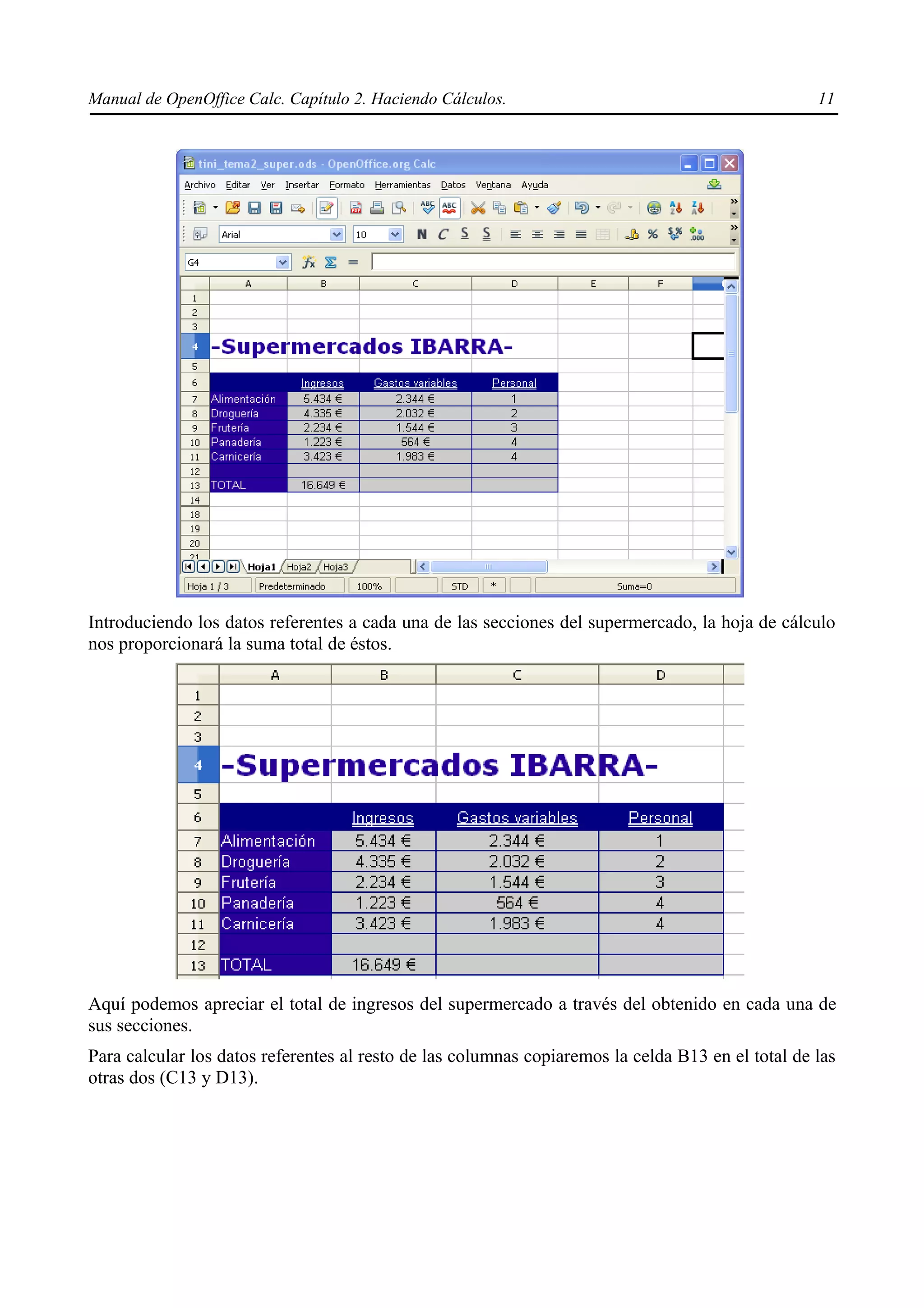 Manual de OpenOffice Calc. Capítulo 2. Haciendo Cálculos.                                          11




Introduciendo los datos referentes a cada una de las secciones del supermercado, la hoja de cálculo
nos proporcionará la suma total de éstos.




Aquí podemos apreciar el total de ingresos del supermercado a través del obtenido en cada una de
sus secciones.
Para calcular los datos referentes al resto de las columnas copiaremos la celda B13 en el total de las
otras dos (C13 y D13).
 