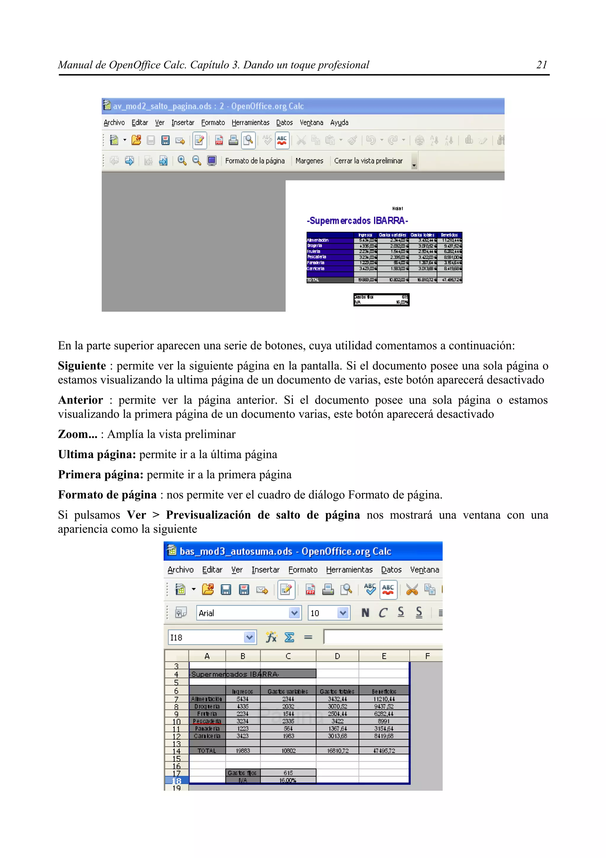 Manual de OpenOffice Calc. Capítulo 3. Dando un toque profesional                               21




En la parte superior aparecen una serie de botones, cuya utilidad comentamos a continuación:
Siguiente : permite ver la siguiente página en la pantalla. Si el documento posee una sola página o
estamos visualizando la ultima página de un documento de varias, este botón aparecerá desactivado
Anterior : permite ver la página anterior. Si el documento posee una sola página o estamos
visualizando la primera página de un documento varias, este botón aparecerá desactivado
Zoom... : Amplía la vista preliminar
Ultima página: permite ir a la última página
Primera página: permite ir a la primera página
Formato de página : nos permite ver el cuadro de diálogo Formato de página.
Si pulsamos Ver > Previsualización de salto de página nos mostrará una ventana con una
apariencia como la siguiente
 