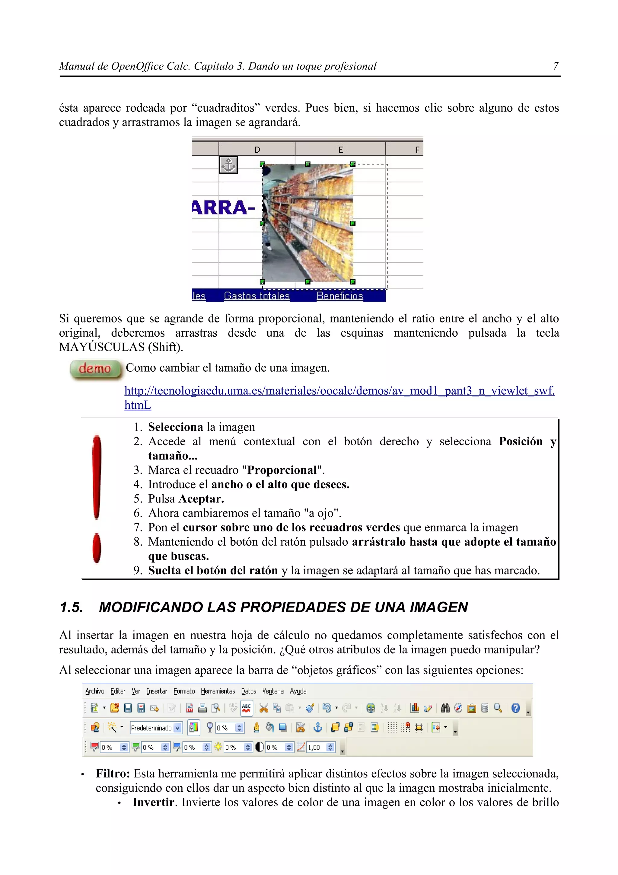 Manual de OpenOffice Calc. Capítulo 3. Dando un toque profesional                                  7


ésta aparece rodeada por “cuadraditos” verdes. Pues bien, si hacemos clic sobre alguno de estos
cuadrados y arrastramos la imagen se agrandará.




Si queremos que se agrande de forma proporcional, manteniendo el ratio entre el ancho y el alto
original, deberemos arrastras desde una de las esquinas manteniendo pulsada la tecla
MAYÚSCULAS (Shift).
              Como cambiar el tamaño de una imagen.
             http://tecnologiaedu.uma.es/materiales/oocalc/demos/av_mod1_pant3_n_viewlet_swf.
             htmL
               1. Selecciona la imagen
               2. Accede al menú contextual con el botón derecho y selecciona Posición y
                  tamaño...
               3. Marca el recuadro "Proporcional".
               4. Introduce el ancho o el alto que desees.
               5. Pulsa Aceptar.
               6. Ahora cambiaremos el tamaño "a ojo".
               7. Pon el cursor sobre uno de los recuadros verdes que enmarca la imagen
               8. Manteniendo el botón del ratón pulsado arrástralo hasta que adopte el tamaño
                  que buscas.
               9. Suelta el botón del ratón y la imagen se adaptará al tamaño que has marcado.


1.5.    MODIFICANDO LAS PROPIEDADES DE UNA IMAGEN
Al insertar la imagen en nuestra hoja de cálculo no quedamos completamente satisfechos con el
resultado, además del tamaño y la posición. ¿Qué otros atributos de la imagen puedo manipular?
Al seleccionar una imagen aparece la barra de “objetos gráficos” con las siguientes opciones:




    •   Filtro: Esta herramienta me permitirá aplicar distintos efectos sobre la imagen seleccionada,
        consiguiendo con ellos dar un aspecto bien distinto al que la imagen mostraba inicialmente.
             • Invertir. Invierte los valores de color de una imagen en color o los valores de brillo
 