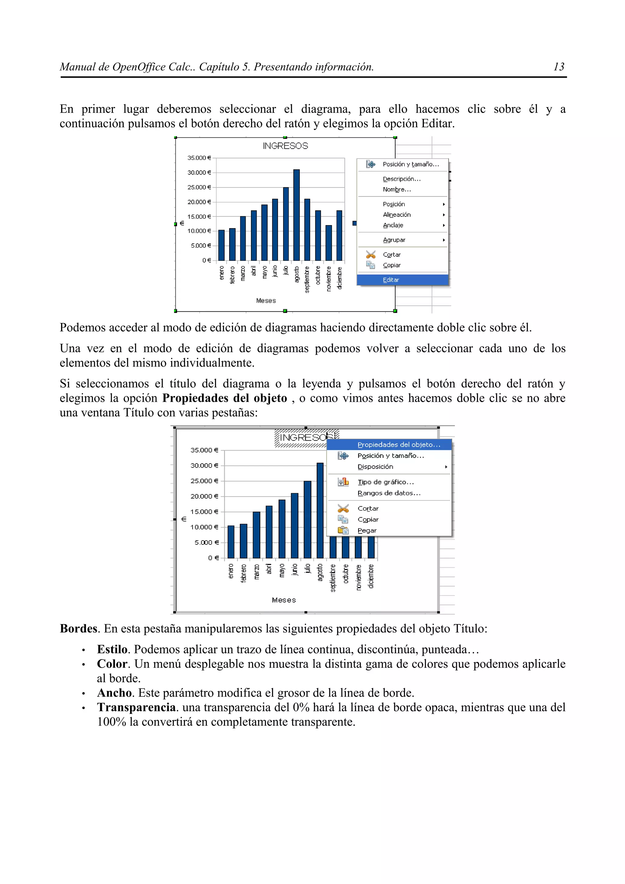 Manual de OpenOffice Calc.. Capítulo 5. Presentando información.                               13


En primer lugar deberemos seleccionar el diagrama, para ello hacemos clic sobre él y a
continuación pulsamos el botón derecho del ratón y elegimos la opción Editar.




Podemos acceder al modo de edición de diagramas haciendo directamente doble clic sobre él.
Una vez en el modo de edición de diagramas podemos volver a seleccionar cada uno de los
elementos del mismo individualmente.
Si seleccionamos el título del diagrama o la leyenda y pulsamos el botón derecho del ratón y
elegimos la opción Propiedades del objeto , o como vimos antes hacemos doble clic se no abre
una ventana Título con varias pestañas:




Bordes. En esta pestaña manipularemos las siguientes propiedades del objeto Título:
    •   Estilo. Podemos aplicar un trazo de línea continua, discontinúa, punteada…
    •   Color. Un menú desplegable nos muestra la distinta gama de colores que podemos aplicarle
        al borde.
    •   Ancho. Este parámetro modifica el grosor de la línea de borde.
    •   Transparencia. una transparencia del 0% hará la línea de borde opaca, mientras que una del
        100% la convertirá en completamente transparente.
 