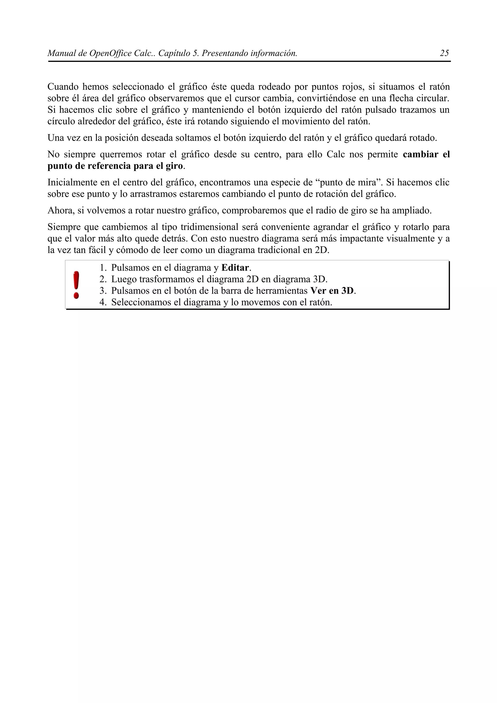 Manual de OpenOffice Calc.. Capítulo 5. Presentando información.                                    25


Cuando hemos seleccionado el gráfico éste queda rodeado por puntos rojos, si situamos el ratón
sobre él área del gráfico observaremos que el cursor cambia, convirtiéndose en una flecha circular.
Si hacemos clic sobre el gráfico y manteniendo el botón izquierdo del ratón pulsado trazamos un
círculo alrededor del gráfico, éste irá rotando siguiendo el movimiento del ratón.
Una vez en la posición deseada soltamos el botón izquierdo del ratón y el gráfico quedará rotado.
No siempre querremos rotar el gráfico desde su centro, para ello Calc nos permite cambiar el
punto de referencia para el giro.
Inicialmente en el centro del gráfico, encontramos una especie de “punto de mira”. Si hacemos clic
sobre ese punto y lo arrastramos estaremos cambiando el punto de rotación del gráfico.
Ahora, si volvemos a rotar nuestro gráfico, comprobaremos que el radio de giro se ha ampliado.
Siempre que cambiemos al tipo tridimensional será conveniente agrandar el gráfico y rotarlo para
que el valor más alto quede detrás. Con esto nuestro diagrama será más impactante visualmente y a
la vez tan fácil y cómodo de leer como un diagrama tradicional en 2D.
             1.   Pulsamos en el diagrama y Editar.
             2.   Luego trasformamos el diagrama 2D en diagrama 3D.
             3.   Pulsamos en el botón de la barra de herramientas Ver en 3D.
             4.   Seleccionamos el diagrama y lo movemos con el ratón.
 