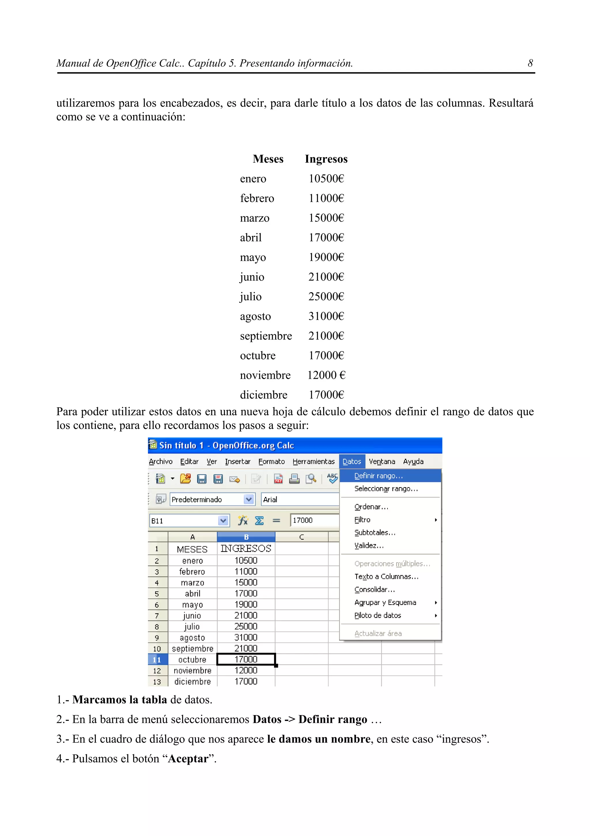 Manual de OpenOffice Calc.. Capítulo 5. Presentando información.                                   8


utilizaremos para los encabezados, es decir, para darle título a los datos de las columnas. Resultará
como se ve a continuación:


                                          Meses      Ingresos
                                       enero          10500€
                                       febrero        11000€
                                       marzo          15000€
                                       abril          17000€
                                       mayo           19000€
                                       junio          21000€
                                       julio          25000€
                                       agosto         31000€
                                       septiembre     21000€
                                       octubre        17000€
                                       noviembre     12000 €
                                       diciembre      17000€
Para poder utilizar estos datos en una nueva hoja de cálculo debemos definir el rango de datos que
los contiene, para ello recordamos los pasos a seguir:




1.- Marcamos la tabla de datos.
2.- En la barra de menú seleccionaremos Datos -> Definir rango …
3.- En el cuadro de diálogo que nos aparece le damos un nombre, en este caso “ingresos”.
4.- Pulsamos el botón “Aceptar”.
 