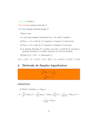 Cor verde fun¸c˜ao f
Cor vermelha primeira derivada f
Cor azul segunda derivada fun¸c˜ao f
Observe que:
• f tem uma tangente horizontal em a = 0, onde f anula-se.
• Para x < 0, o valor de f ´e negativo e a fun¸c˜ao f ´e decrescente.
• Para x > 0, o valor de f ´e positivo e a fun¸c˜ao f ´e crescente.
• A segunda derivada f ´e positiva em todo o conjunto R, portanto a
primeira derivada f ´e sempre crescente em todo seu dom´ınio.
B) Seja f(x) = 3.2x
− 1. Determine f .
f (x) = (3.2x
− 1) = (3.2x
) − (1) = 3(2x
) − 0 = 3.2x
ln 2 = 2x
ln 23
= 2x
ln 8
4 Derivada de fun¸c˜oes logar´ıtmicas
d
dx
loga x =
1
x ln a
d
dx
ln x =
1
x
EXEMPLOS
A) Derive a fun¸c˜ao y = x log10 x.
y =
d
dx
(x log10 x) = x
d
dx
log10 x + (log10 x)
d
dx
(x) =
x
x ln 10
+ (log10 x).1 =
=
1
ln 10
+ log10 x
8
 