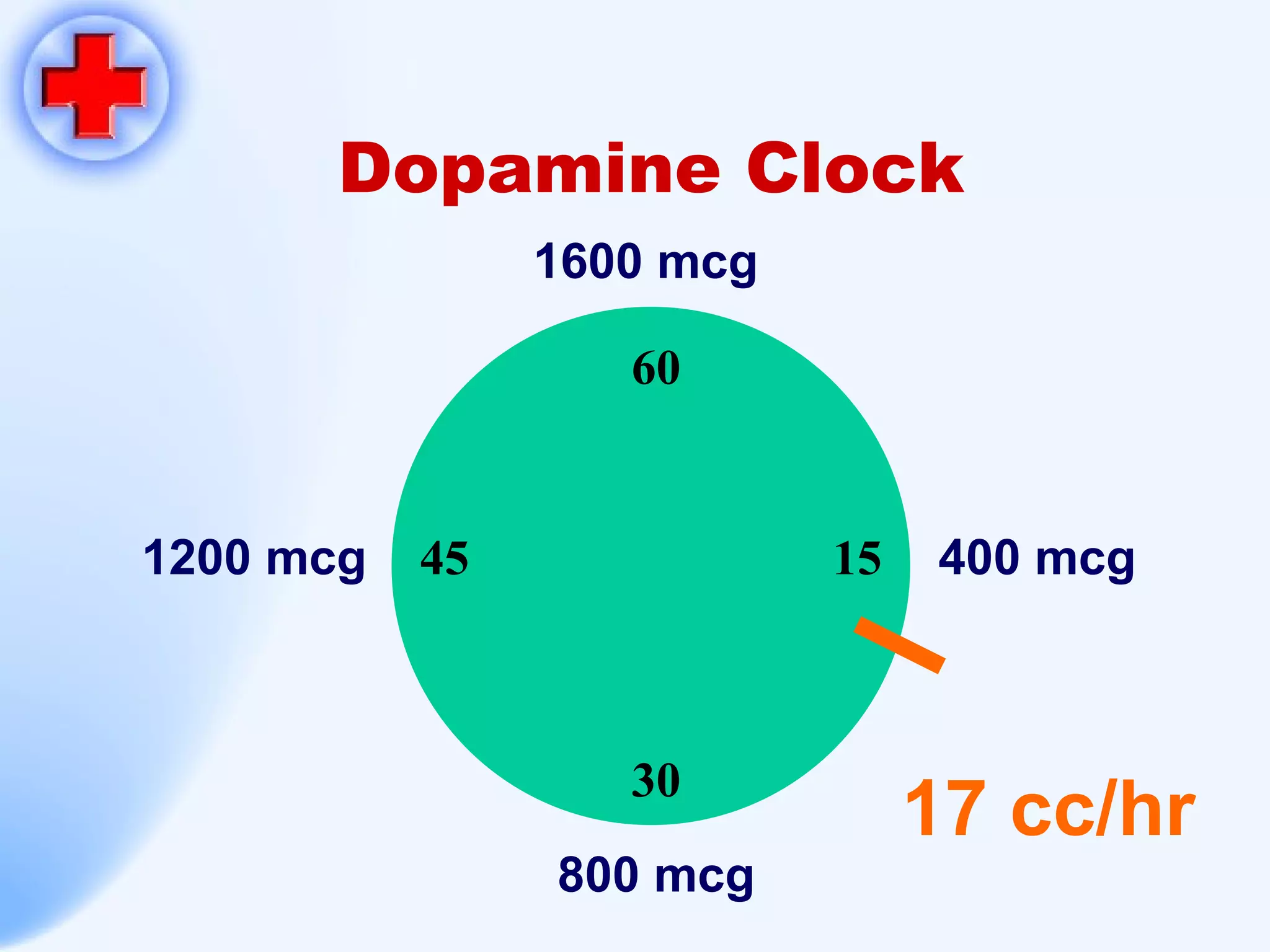 Dopamine Clock 1600 mcg 800 mcg 1200 mcg 400 mcg 17 cc/hr 60 15 30 45 