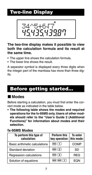 7
Two-line Display
The two-line display makes it possible to view
both the calculation formula and its result at
the same time.
• The upper line shows the calculation formula.
• The lower line shows the result.
A separator symbol is displayed every three digits when
the integer part of the mantissa has more than three dig-
its.
Before getting started...
k Modes
Before starting a calculation, you must first enter the cor-
rect mode as indicated in the table below.
• The following table shows the modes and required
operations for the fx-95MS only. Users of other mod-
els should refer to the “User’s Guide 2 (Additional
Functions)” for information about modes and their
selection.
fx-95MS Modes
To perform this type of Perform this To enter
calculation: key operation: this mode:
Basic arithmetic calculations F 1 COMP
Standard deviation F 2 SD
Regression calculations F 3 REG
Solution of equations F F 1 EQN
 