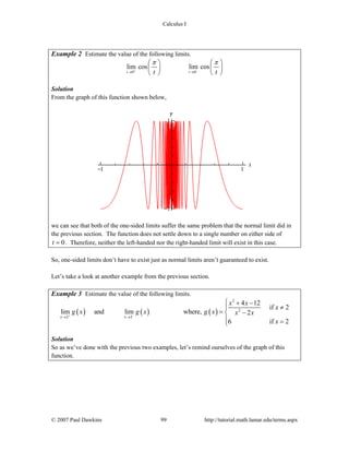 Calculus I
© 2007 Paul Dawkins 99 http://tutorial.math.lamar.edu/terms.aspx
Example 2 Estimate the value of the following limits.
0 0
lim cos lim cos
t tt t
π π
+ −
→ →
⎛ ⎞ ⎛ ⎞
⎜ ⎟ ⎜ ⎟
⎝ ⎠ ⎝ ⎠
Solution
From the graph of this function shown below,
we can see that both of the one-sided limits suffer the same problem that the normal limit did in
the previous section. The function does not settle down to a single number on either side of
0t = . Therefore, neither the left-handed nor the right-handed limit will exist in this case.
So, one-sided limits don’t have to exist just as normal limits aren’t guaranteed to exist.
Let’s take a look at another example from the previous section.
Example 3 Estimate the value of the following limits.
( ) ( ) ( )
2
2
2 2
4 12
if 2
lim and lim where, 2
6 if 2
x x
x x
x
g x g x g x x x
x
+ −
→ →
⎧ + −
≠⎪
= −⎨
⎪ =⎩
Solution
So as we’ve done with the previous two examples, let’s remind ourselves of the graph of this
function.
 