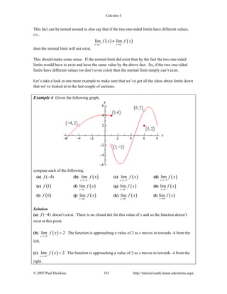 Calculus I
© 2007 Paul Dawkins 101 http://tutorial.math.lamar.edu/terms.aspx
This fact can be turned around to also say that if the two one-sided limits have different values,
i.e.,
( ) ( )lim lim
x a x a
f x f x+ −
→ →
≠
then the normal limit will not exist.
This should make some sense. If the normal limit did exist then by the fact the two one-sided
limits would have to exist and have the same value by the above fact. So, if the two one-sided
limits have different values (or don’t even exist) then the normal limit simply can’t exist.
Let’s take a look at one more example to make sure that we’ve got all the ideas about limits down
that we’ve looked at in the last couple of sections.
Example 4 Given the following graph,
compute each of the following.
(a) ( 4)f − (b) ( )4
lim
x
f x−
→−
(c) ( )4
lim
x
f x+
→−
(d) ( )4
lim
x
f x
→−
(e) ( )1f (f) ( )1
lim
x
f x−
→
(g) ( )1
lim
x
f x+
→
(h) ( )1
lim
x
f x
→
(i) ( )6f (j) ( )6
lim
x
f x−
→
(k) ( )6
lim
x
f x+
→
(l) ( )6
lim
x
f x
→
Solution
(a) ( 4)f − doesn’t exist. There is no closed dot for this value of x and so the function doesn’t
exist at this point.
(b) ( )4
lim 2
x
f x−
→−
= The function is approaching a value of 2 as x moves in towards -4 from the
left.
(c) ( )4
lim 2
x
f x+
→−
= The function is approaching a value of 2 as x moves in towards -4 from the
right.
 