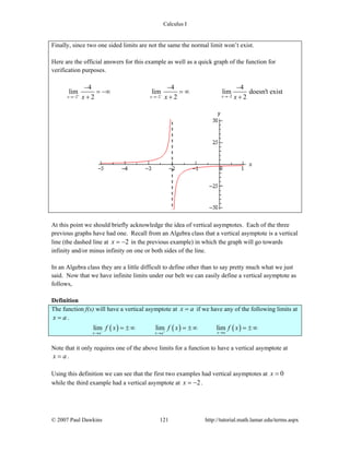 Calculus I
© 2007 Paul Dawkins 121 http://tutorial.math.lamar.edu/terms.aspx
Finally, since two one sided limits are not the same the normal limit won’t exist.
Here are the official answers for this example as well as a quick graph of the function for
verification purposes.
22 2
4 4 4
lim lim lim doesn't exist
2 2 2xx xx x x+ − →−→− →−
− − −
= −∞ = ∞
+ + +
At this point we should briefly acknowledge the idea of vertical asymptotes. Each of the three
previous graphs have had one. Recall from an Algebra class that a vertical asymptote is a vertical
line (the dashed line at 2x = − in the previous example) in which the graph will go towards
infinity and/or minus infinity on one or both sides of the line.
In an Algebra class they are a little difficult to define other than to say pretty much what we just
said. Now that we have infinite limits under our belt we can easily define a vertical asymptote as
follows,
Definition
The function f(x) will have a vertical asymptote at x a= if we have any of the following limits at
x a= .
( ) ( ) ( )lim lim lim
x ax a x a
f x f x f x− + →→ →
= ±∞ = ±∞ = ±∞
Note that it only requires one of the above limits for a function to have a vertical asymptote at
x a= .
Using this definition we can see that the first two examples had vertical asymptotes at 0x =
while the third example had a vertical asymptote at 2x = − .
 