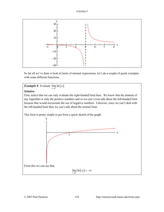 Calculus I
© 2007 Paul Dawkins 124 http://tutorial.math.lamar.edu/terms.aspx
So far all we’ve done is look at limits of rational expressions, let’s do a couple of quick examples
with some different functions.
Example 6 Evaluate ( )0
lim ln
x
x+
→
Solution
First, notice that we can only evaluate the right-handed limit here. We know that the domain of
any logarithm is only the positive numbers and so we can’t even talk about the left-handed limit
because that would necessitate the use of negative numbers. Likewise, since we can’t deal with
the left-handed limit then we can’t talk about the normal limit.
This limit is pretty simple to get from a quick sketch of the graph.
From this we can see that,
( )0
lim ln
x
x+
→
= −∞
 