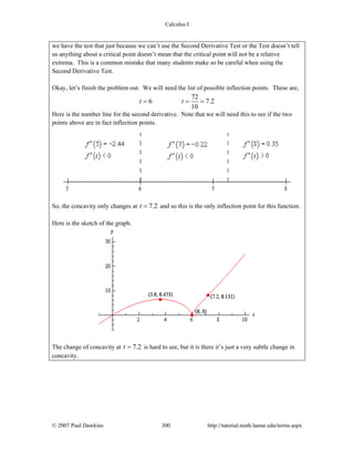 Calculus I
© 2007 Paul Dawkins 300 http://tutorial.math.lamar.edu/terms.aspx
we have the test that just because we can’t use the Second Derivative Test or the Test doesn’t tell
us anything about a critical point doesn’t mean that the critical point will not be a relative
extrema. This is a common mistake that many students make so be careful when using the
Second Derivative Test.
Okay, let’s finish the problem out. We will need the list of possible inflection points. These are,
72
6 7.2
10
t t= = =
Here is the number line for the second derivative. Note that we will need this to see if the two
points above are in fact inflection points.
So, the concavity only changes at 7.2t = and so this is the only inflection point for this function.
Here is the sketch of the graph.
The change of concavity at 7.2t = is hard to see, but it is there it’s just a very subtle change in
concavity.
 
