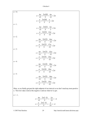 Calculus I
© 2007 Paul Dawkins 29 http://tutorial.math.lamar.edu/terms.aspx
n = 0.
( )
( )
2 04 4
2
15 5 15
2 0
2
3 5 3
x
x
ππ π
π
ππ π
π
= + = <
= + = <
n = 1.
( )
( )
2 14 2
2
15 5 3
2 1 11
2
3 5 15
x
x
ππ π
π
ππ π
π
= + = <
= + = <
n = 2.
( )
( )
2 24 16
2
15 5 15
2 2 17
2
3 5 15
x
x
ππ π
π
ππ π
π
= + = <
= + = <
n = 3.
( )
( )
2 34 22
2
15 5 15
2 3 23
2
3 5 15
x
x
ππ π
π
ππ π
π
= + = <
= + = <
n = 4.
( )
( )
2 44 28
2
15 5 15
2 4 29
2
3 5 15
x
x
ππ π
π
ππ π
π
= + = <
= + = <
n = 5.
( )
( )
2 54 34
2
15 5 15
2 5 35
2
3 5 15
x
x
ππ π
π
ππ π
π
= + = >
= + = >
Okay, so we finally got past the right endpoint of our interval so we don’t need any more positive
n. Now let’s take a look at the negative n and see what we’ve got.
n = –1 .
( )
( )
2 14 2
15 5 15
2 1
3 5 15
x
x
ππ π
π
ππ π
π
−
= + = − > −
−
= + = − > −
 