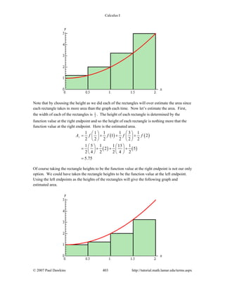 Calculus I
© 2007 Paul Dawkins 403 http://tutorial.math.lamar.edu/terms.aspx
Note that by choosing the height as we did each of the rectangles will over estimate the area since
each rectangle takes in more area than the graph each time. Now let’s estimate the area. First,
the width of each of the rectangles is 1
2 . The height of each rectangle is determined by the
function value at the right endpoint and so the height of each rectangle is nothing more that the
function value at the right endpoint. Here is the estimated area.
( ) ( )
( ) ( )
1 1 1 1 3 1
1 2
2 2 2 2 2 2
1 5 1 1 13 1
2 5
2 4 2 2 4 2
5.75
rA f f f f
⎛ ⎞ ⎛ ⎞
= + + +⎜ ⎟ ⎜ ⎟
⎝ ⎠ ⎝ ⎠
⎛ ⎞ ⎛ ⎞
= + + +⎜ ⎟ ⎜ ⎟
⎝ ⎠ ⎝ ⎠
=
Of course taking the rectangle heights to be the function value at the right endpoint is not our only
option. We could have taken the rectangle heights to be the function value at the left endpoint.
Using the left endpoints as the heights of the rectangles will give the following graph and
estimated area.
 