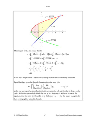 Calculus I
© 2007 Paul Dawkins 457 http://tutorial.math.lamar.edu/terms.aspx
The integrals for the area would then be,
( ) ( )
1 5
3 1
1 5
3 1
1 5 5
3 1 1
4 16 53 3
22 2
10 4
2 6 2 6 2 6 1
2 2 6 2 6 1
2 2 6 2 6 1
2 1 1
3 3 2
18
A x x dx x x dx
x dx x x dx
x dx x dx x dx
u u x x
−
− −
−
− −
−
− − −
−
= + − − + + + − −
= + + + − +
= + + + + − +
⎛ ⎞
= + + − +⎜ ⎟
⎝ ⎠
=
∫ ∫
∫ ∫
∫ ∫ ∫
While these integrals aren’t terribly difficult they are more difficult than they need to be.
Recall that there is another formula for determining the area. It is,
right left
,
function function
d
c
A dy c y d
⎛ ⎞ ⎛ ⎞
= − ≤ ≤⎜ ⎟ ⎜ ⎟
⎝ ⎠ ⎝ ⎠
⌠
⎮
⌡
and in our case we do have one function that is always on the left and the other is always on the
right. So, in this case this is definitely the way to go. Note that we will need to rewrite the
equation of the line since it will need to be in the form ( )x f y= but that is easy enough to do.
Here is the graph for using this formula.
 