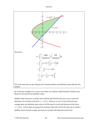 Calculus I
© 2007 Paul Dawkins 458 http://tutorial.math.lamar.edu/terms.aspx
The area is,
( )
4
2
2
4
2
2
4
3 2
2
right left
function function
1
1 3
2
1
4
2
1 1
4
6 2
18
d
c
A dy
y y dy
y y dy
y y y
−
−
−
⎛ ⎞ ⎛ ⎞
= −⎜ ⎟ ⎜ ⎟
⎝ ⎠ ⎝ ⎠
⎛ ⎞
= + − −⎜ ⎟
⎝ ⎠
= − + +
⎛ ⎞
= − + +⎜ ⎟
⎝ ⎠
=
⌠
⎮
⌡
⌠
⎮
⌡
⌠
⎮
⌡
This is the same that we got using the first formula and this was definitely easier than the first
method.
So, in this last example we’ve seen a case where we could use either formula to find the area.
However, the second was definitely easier.
Students often come into a calculus class with the idea that the only easy way to work with
functions is to use them in the form ( )y f x= . However, as we’ve seen in this previous
example there are definitely times when it will be easier to work with functions in the form
( )x f y= . In fact, there are going to be occasions when this will be the only way in which a
problem can be worked so make sure that you can deal with functions in this form.
 