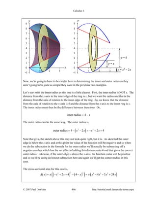 Calculus I
© 2007 Paul Dawkins 466 http://tutorial.math.lamar.edu/terms.aspx
Now, we’re going to have to be careful here in determining the inner and outer radius as they
aren’t going to be quite as simple they were in the previous two examples.
Let’s start with the inner radius as this one is a little clearer. First, the inner radius is NOT x. The
distance from the x-axis to the inner edge of the ring is x, but we want the radius and that is the
distance from the axis of rotation to the inner edge of the ring. So, we know that the distance
from the axis of rotation to the x-axis is 4 and the distance from the x-axis to the inner ring is x.
The inner radius must then be the difference between these two. Or,
inner radius 4 x= −
The outer radius works the same way. The outer radius is,
( )2 2
outer radius 4 2 2 4x x x x= − − = − + +
Note that give, the sketch above this may not look quite right, but it is. As sketched the outer
edge is below the x-axis and at this point the value of the function will be negative and so when
we do the subtraction in the formula for the outer radius we’ll actually be subtracting off a
negative number which has the net effect of adding this distance onto 4 and that gives the correct
outer radius. Likewise, if the outer edge is above the x-axis, the function value will be positive
and so we’ll be doing an honest subtraction here and again we’ll get the correct radius in this
case.
The cross-sectional area for this case is,
( ) ( ) ( )( ) ( )
2 22 4 3 2
2 4 4 4 5 24A x x x x x x x xπ π= − + + − − = − − +
 