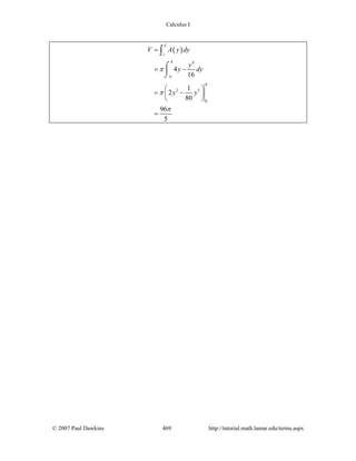 Calculus I
© 2007 Paul Dawkins 469 http://tutorial.math.lamar.edu/terms.aspx
( )
4 4
0
4
2 5
0
4
16
1
2
80
96
5
d
c
V A y dy
y
y dy
y y
π
π
π
=
= −
⎛ ⎞
= −⎜ ⎟
⎝ ⎠
=
⌠
⎮
⌡
∫
 