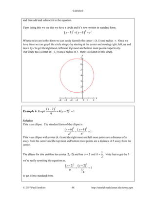 Calculus I
© 2007 Paul Dawkins 68 http://tutorial.math.lamar.edu/terms.aspx
and then add and subtract it to the equation.
Upon doing this we see that we have a circle and it’s now written in standard form.
( ) ( )
2 2 2
x h y k r− + − =
When circles are in this form we can easily identify the center : (h, k) and radius : r. Once we
have these we can graph the circle simply by starting at the center and moving right, left, up and
down by r to get the rightmost, leftmost, top most and bottom most points respectively.
Our circle has a center at (-1, 4) and a radius of 3. Here’s a sketch of this circle.
Example 6 Graph
( )
( )
2
22
4 2 1
9
x
y
−
+ + =
Solution
This is an ellipse. The standard form of the ellipse is
( ) ( )
2 2
2 2
1
x h y k
a b
− −
+ =
This is an ellipse with center (h, k) and the right most and left most points are a distance of a
away from the center and the top most and bottom most points are a distance of b away from the
center.
The ellipse for this problem has center (2, -2) and has 3a = and
1
2
b = . Note that to get the b
we’re really rewriting the equation as,
( ) ( )
2 2
2 2
1
19
4
x y− +
+ =
to get it into standard from.
 