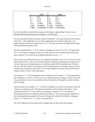 Calculus I
© 2007 Paul Dawkins 84 http://tutorial.math.lamar.edu/terms.aspx
t A.R.C. t A.R.C.
6 25.0 4 7.0
5.5 19.75 4.5 10.75
5.1 15.91 4.9 14.11
5.01 15.0901 4.99 14.9101
5.001 15.009001 4.999 14.991001
5.0001 15.00090001 4.9999 14.99910001
So, from this table it looks like the average rate of change is approaching 15 and so we can
estimate that the instantaneous rate of change is 15 at this point.
So, just what does this tell us about the volume at this point? Let’s put some units on the answer
from above. This might help us to see what is happening to the volume at this point. Let’s
suppose that the units on the volume were in cm3
. The units on the rate of change (both average
and instantaneous) are then cm3
/hr.
We have estimated that at 5t = the volume is changing at a rate of 15 cm3
/hr. This means that
at 5t = the volume is changing in such a way that, if the rate were constant, then an hour later
there would be 15 cm3
more air in the balloon than there was at 5t = .
We do need to be careful here however. In reality there probably won’t be 15 cm3
more air in the
balloon after an hour. The rate at which the volume is changing is generally not constant and so
we can’t make any real determination as to what the volume will be in another hour. What we
can say is that the volume is increasing, since the instantaneous rate of change is positive, and if
we had rates of change for other values of t we could compare the numbers and see if the rate of
change is faster or slower at the other points.
For instance, at 4t = the instantaneous rate of change is 0 cm3
/hr and at 3t = the instantaneous
rate of change is -9 cm3
/hr. I’ll leave it to you to check these rates of change. In fact, that would
be a good exercise to see if you can build a table of values that will support my claims on these
rates of change.
Anyway, back to the example. At 4t = the rate of change is zero and so at this point in time the
volume is not changing at all. That doesn’t mean that it will not change in the future. It just
means that exactly at 4t = the volume isn’t changing. Likewise at 3t = the volume is
decreasing since the rate of change at that point is negative. We can also say that, regardless of
the increasing/decreasing aspects of the rate of change, the volume of the balloon is changing
faster at 5t = than it is at 3t = since 15 is larger than 9.
We will be talking a lot more about rates of change when we get into the next chapter.
 