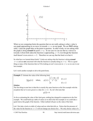 Calculus I
© 2007 Paul Dawkins 90 http://tutorial.math.lamar.edu/terms.aspx
When we are computing limits the question that we are really asking is what y value is
our graph approaching as we move in towards x a= on our graph. We are NOT asking
what y value the graph takes at the point in question. In other words, we are asking what
the graph is doing around the point x a= . In our case we can see that as x moves in
towards 2 (from both sides) the function is approaching 4y = even though the function
itself doesn’t even exist at 2x = . Therefore we can say that the limit is in fact 4.
So what have we learned about limits? Limits are asking what the function is doing around
x a= and are not concerned with what the function is actually doing at x a= . This is a good
thing as many of the functions that we’ll be looking at won’t even exist at x a= as we saw in our
last example.
Let’s work another example to drive this point home.
Example 2 Estimate the value of the following limit.
( ) ( )
2
2
2
4 12
if 2
lim where, 2
6 if 2
x
x x
x
g x g x x x
x
→
⎧ + −
≠⎪
= −⎨
⎪ =⎩
Solution
The first thing to note here is that this is exactly the same function as the first example with the
exception that we’ve now given it a value for 2x = . So, let’s first note that
( )2 6g =
As far as estimating the value of this limit goes, nothing has changed in comparison to the first
example. We could build up a table of values as we did in the first example or we could take a
quick look at the graph of the function. Either method will give us the value of the limit.
Lets’ first take a look at a table of values and see what that tells us. Notice that the presence of
the value for the function at 2x = will not change our choices for x. We only choose values of x
 