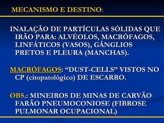 MECANISMO E DESTINO :  INALAÇÃO DE PARTÍCULAS SÓLIDAS QUE IRÃO PARA: ALVÉOLOS, MACRÓFAGOS, LINFÁTICOS (VASOS), GÂNGLIOS PRETOS E PLEURA (MANCHAS). MACRÓFAGOS : “DUST-CELLS” VISTOS NO CP (citopatológico) DE ESCARRO. OBS .: MINEIROS DE MINAS DE CARVÃO FARÃO PNEUMOCONIOSE (FIBROSE PULMONAR OCUPACIONAL) 