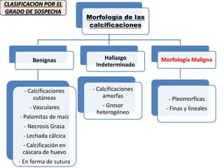 Morfología de las
calcificaciones
Benignas
- Calcificaciones
cutáneas
- Vasculares
- Palomitas de maíz
- Necrosis Grasa
- Lechada cálcica
- Calcificación en
cáscara de huevo
- En forma de sutura
Hallazgo
Indeterminado
Morfología Maligna
- Pleomorficas
- Finas y lineales
- Calcificaciones
amorfas
- Grosor
heterogéneo
CLASIFICACION POR EL
GRADO DE SOSPECHA
 