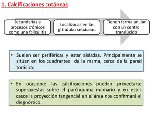 1. Calcificaciones cutáneas
Secundarias a
procesos crónicos
como una foliculitis
Localizadas en las
glándulas sebáceas.
Tienen forma anular
con un centro
translúcido
• Suelen ser periféricas y estar aisladas. Principalmente se
sitúan en los cuadrantes de la mama, cerca de la pared
torácica.
• En ocasiones las calcificaciones pueden proyectarse
superpuestas sobre el parénquima mamario y en estos
casos la proyección tangencial en el área nos confirmará el
diagnóstico.
 