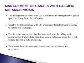  The management of canals with CM is similar to the management of pulpal
spaces with any form of calcification.
 Usually, the teeth involved with CM are anterior teeth that were subjected
to trauma at a young age.
 The literature supports the fact that most teeth with the radiographic
appearance of CM exhibit a persisting narrow pulp canal space that is not
usually detectable radiographicaliy.
 Even under these circumstances, most canals can be located and
negotiated.'
 