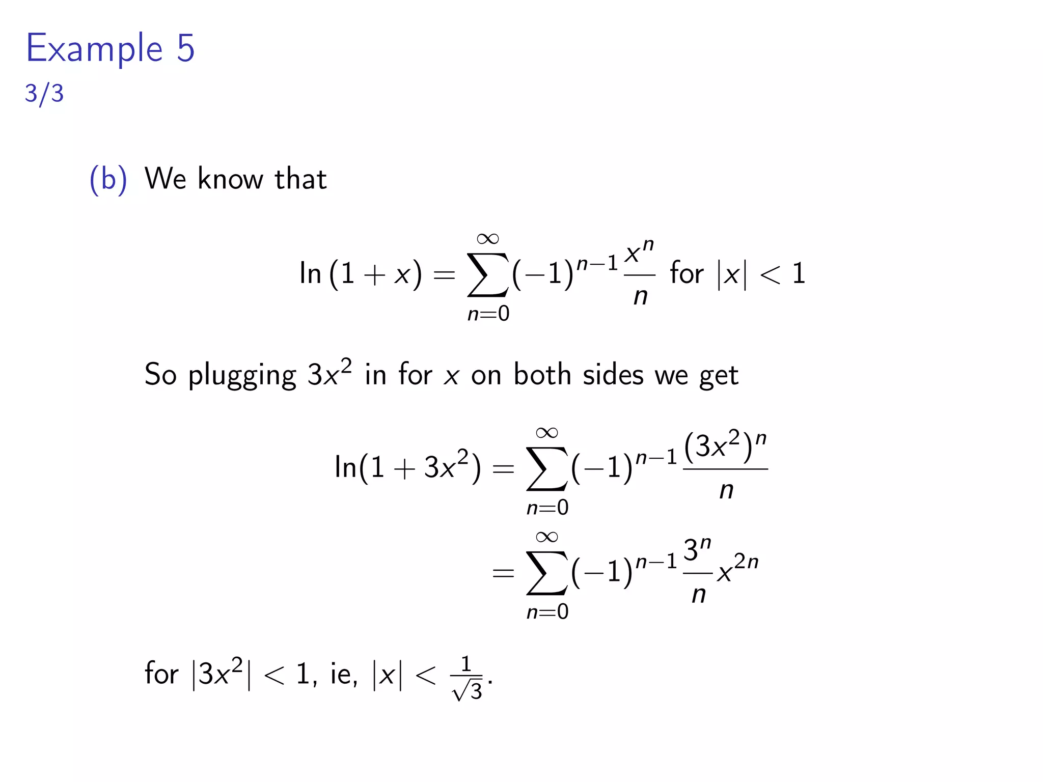 Taylors Inequality
To show that lim
n→∞
Rn(x) = 0, we often use the following theorem:
Taylor’s Inequality
If |f (n+1)(x)| ≤ M for |x − a| ≤ d, then the remainder Rn(x) of the
Taylor series satisfies the inequality
Rn(x) ≤
M
(n + 1)!
|x − a|n+1
for |x − a| ≤ d
 