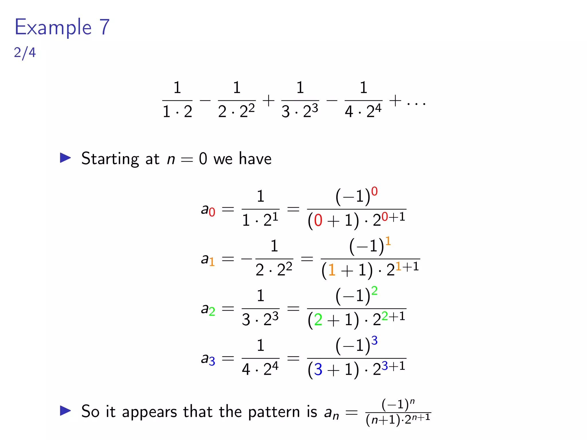 Example 3
3/4
▶ To show that ex is equal to its Maclaurin series, we need to
show that the limit of the remainder is 0:
lim
n→∞
Rn(x) = 0
▶ We will use Taylor’s Inequality to get a bound on Rn(x):
▶ Let d be any positive number.
|x| ≤ d =⇒ e|x|
≤ ed
=⇒ ex
≤ ed
▶ So since |f (n+1)
(x)| = ex
, letting M = ed
,
|f (n+1)(x)
| ≤ M for |x| ≤ d
▶ Taylor’s Inequality then tells us
Rn(x) ≤
ed
(n + 1)!
|x|n+1
for |x| ≤ d
 