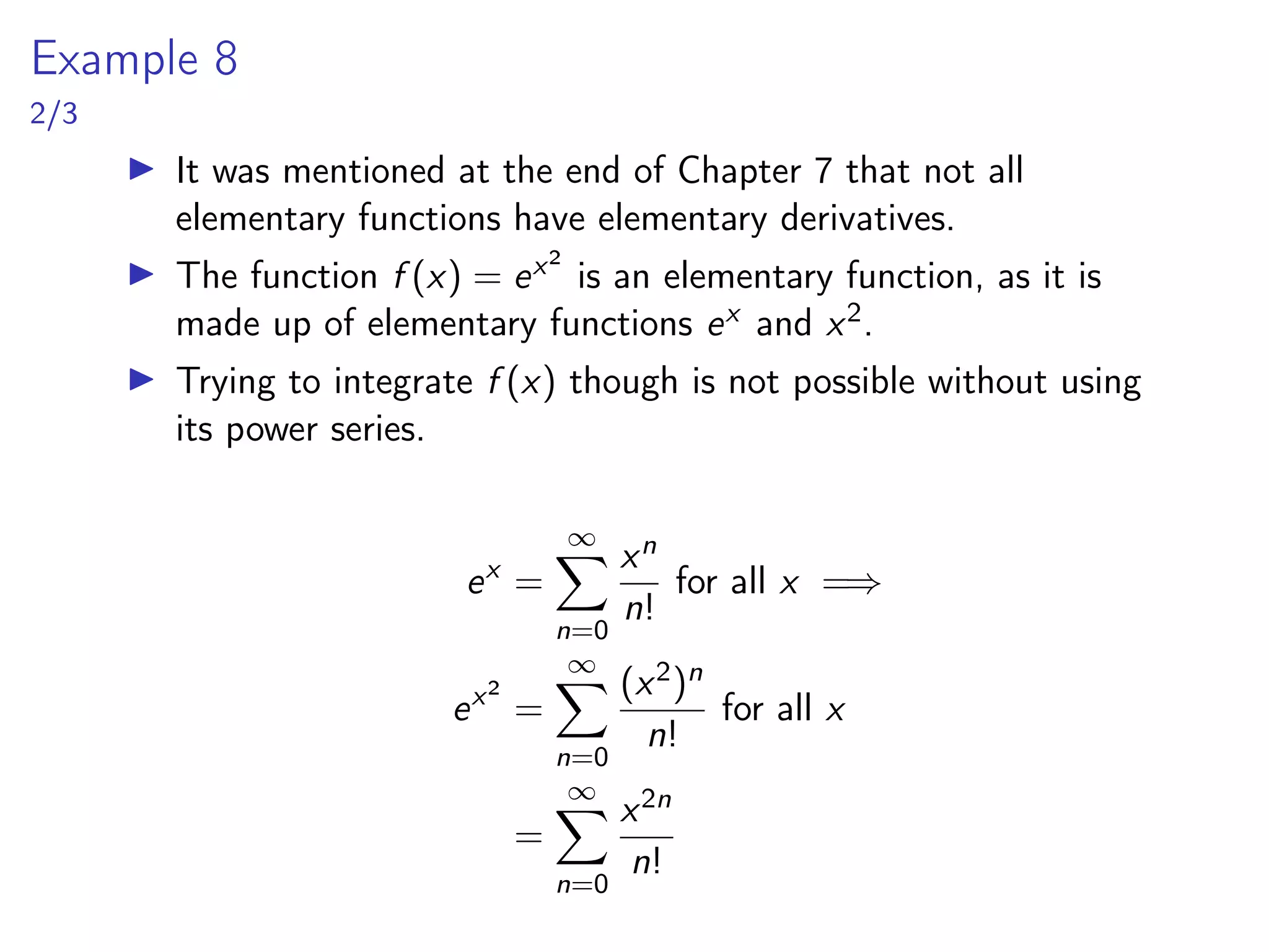 Table of Important MacLaurin Series
1
1 − x
∞
X
n=0
xn
1 + x2 + x3 + . . . R = 1
ex
∞
X
n=0
xn
n!
1 +
x
1!
+
x2
2!
+
x3
3!
+ . . . R = ∞
sin x
∞
X
n=0
(−1)n x2n+1
(2n + 1)!
x −
x3
3!
+
x5
5!
−
x7
6!
+ . . . R = ∞
cos x
∞
X
n=0
(−1)n x2n
(2n)!
1 −
x2
2!
+
x4
4!
−
x6
6!
+ . . . R = ∞
tan−1 x
∞
X
n=0
(−1)n x2n+1
2n + 1
x −
x3
3
+
x5
5
−
x7
7
+ . . . R = 1
ln(x + 1)
∞
X
n=1
(−1)n−1 xn
n
x −
x2
2
+
x3
3
−
x4
4
+ . . . R = 1
 