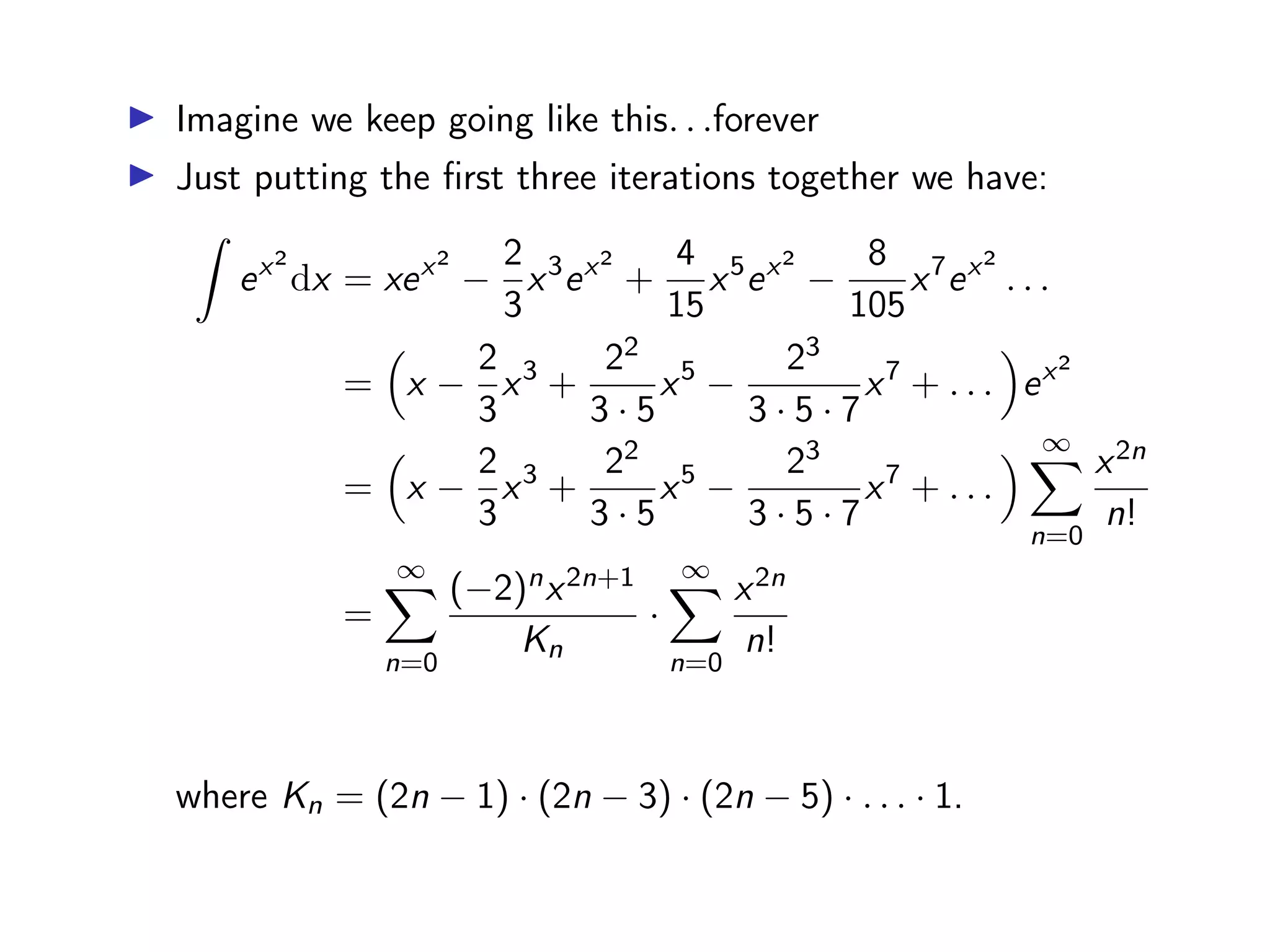 Example 5
3/3
(b) We know that
ln (1 + x) =
∞
X
n=0
(−1)n−1 xn
n
for |x| < 1
So plugging 3x2 in for x on both sides we get
ln(1 + 3x2
) =
∞
X
n=0
(−1)n−1 (3x2)n
n
=
∞
X
n=0
(−1)n−1 3n
n
x2n
for |3x2| < 1, ie, |x| < 1
√
3
.
 