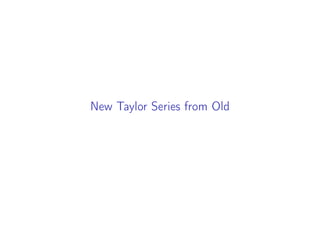 Partial Sum of a Functions Taylor Series
nth
Degree Taylor Polynomial of f
▶ Recall that the sum of a series is equal to the limit of its
partial sums:
∞
X
n=0
an = lim
n→∞
n
X
i=1
ai
▶ We can use the nth partial sum as an estimate for the value of
the sum.
▶ We call the nth partial sum of the Taylor series the
nth-Degree Taylor polynomial of f at a:
Tn(x) =
n
X
i=0
f (i)(a)
i!
(x − a)i
lim
n→∞
Tn(x) =
∞
X
n=0
f (n)(a)
n!
(x − a)n
 