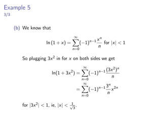 Taylors Inequality
To show that lim
n→∞
Rn(x) = 0, we often use the following theorem:
Taylor’s Inequality
If |f (n+1)(x)| ≤ M for |x − a| ≤ d, then the remainder Rn(x) of the
Taylor series satisfies the inequality
Rn(x) ≤
M
(n + 1)!
|x − a|n+1
for |x − a| ≤ d
 