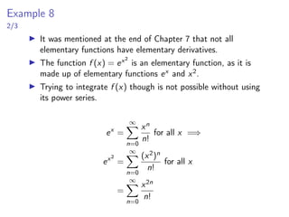 Table of Important MacLaurin Series
1
1 − x
∞
X
n=0
xn
1 + x2 + x3 + . . . R = 1
ex
∞
X
n=0
xn
n!
1 +
x
1!
+
x2
2!
+
x3
3!
+ . . . R = ∞
sin x
∞
X
n=0
(−1)n x2n+1
(2n + 1)!
x −
x3
3!
+
x5
5!
−
x7
6!
+ . . . R = ∞
cos x
∞
X
n=0
(−1)n x2n
(2n)!
1 −
x2
2!
+
x4
4!
−
x6
6!
+ . . . R = ∞
tan−1 x
∞
X
n=0
(−1)n x2n+1
2n + 1
x −
x3
3
+
x5
5
−
x7
7
+ . . . R = 1
ln(x + 1)
∞
X
n=1
(−1)n−1 xn
n
x −
x2
2
+
x3
3
−
x4
4
+ . . . R = 1
 
