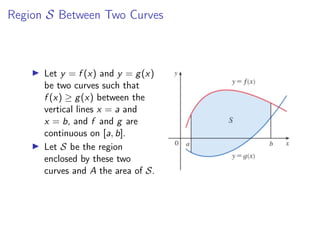 Region S Between Two Curves
▶ Let y = f (x) and y = g(x)
be two curves such that
f (x) ≥ g(x) between the
vertical lines x = a and
x = b, and f and g are
continuous on [a, b].
▶ Let S be the region
enclosed by these two
curves and A the area of S.
 