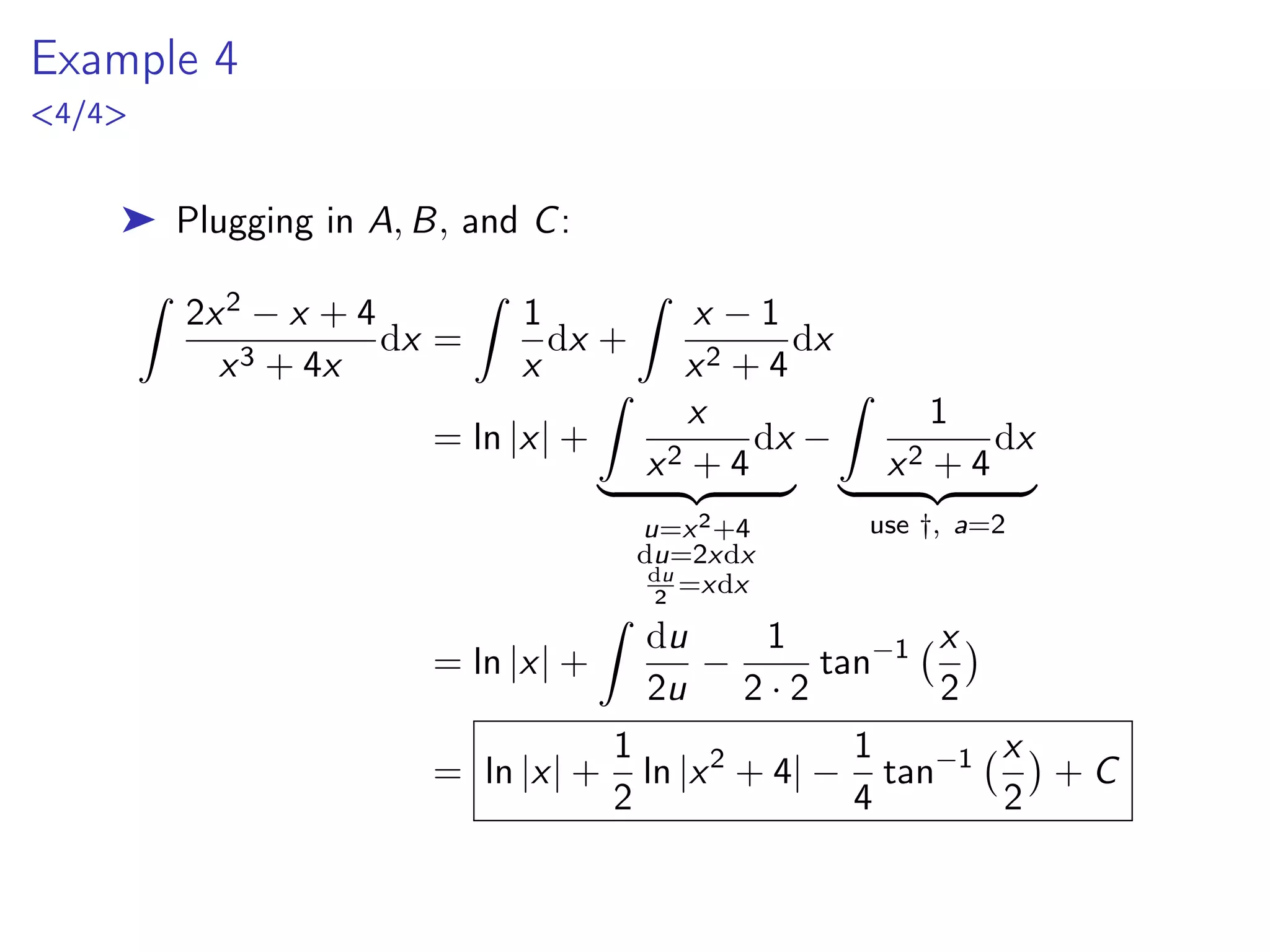 Case II: Repeated Linear Factors
➤ Case II: Q(x) contains a product of repeated linear factors.
➤ Suppose the first linear factor is repeated r times, ie,
(a1x + b1)r
occurs in the decomposition of Q(x). Then the
single term A1
a1x+b1
is replaced by the sum
A1
(a1x + b)
+
A2
(a1 + b1x)2
+ . . . +
Ar
(a1x + b1)r
(2)
➤ For example,
x3
− x + 1
(x + 1)3x2
=
A
x + 1
+
B
(x + 1)2
+
C
(x + 1)3
+
D
x
+
E
x2
 