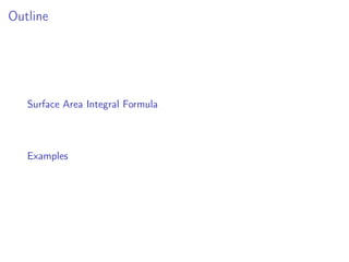 Outline
Surface Area Integral Formula
Examples
 