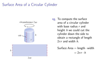 Surface Area of a Circular Cylinder
eg, To compute the surface
area of a circular cylinder
with base radius r and
height h we could cut the
cylinder down the side to
obtain a rectangle of length
2πr and width h.
Surface Area = length · width
= 2πr · h
 