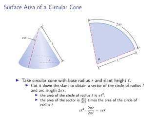 Surface Area of a Circular Cone
▶ Take circular cone with base radius r and slant height ℓ.
▶ Cut it down the slant to obtain a sector of the circle of radius l
and arc length 2πr.
▶ the area of the circle of radius ℓ is πℓ2
.
▶ the area of the sector is 2πr
2πℓ
times the area of the circle of
radius ℓ
πℓ2
·
2πr
2πℓ
= πrℓ
 