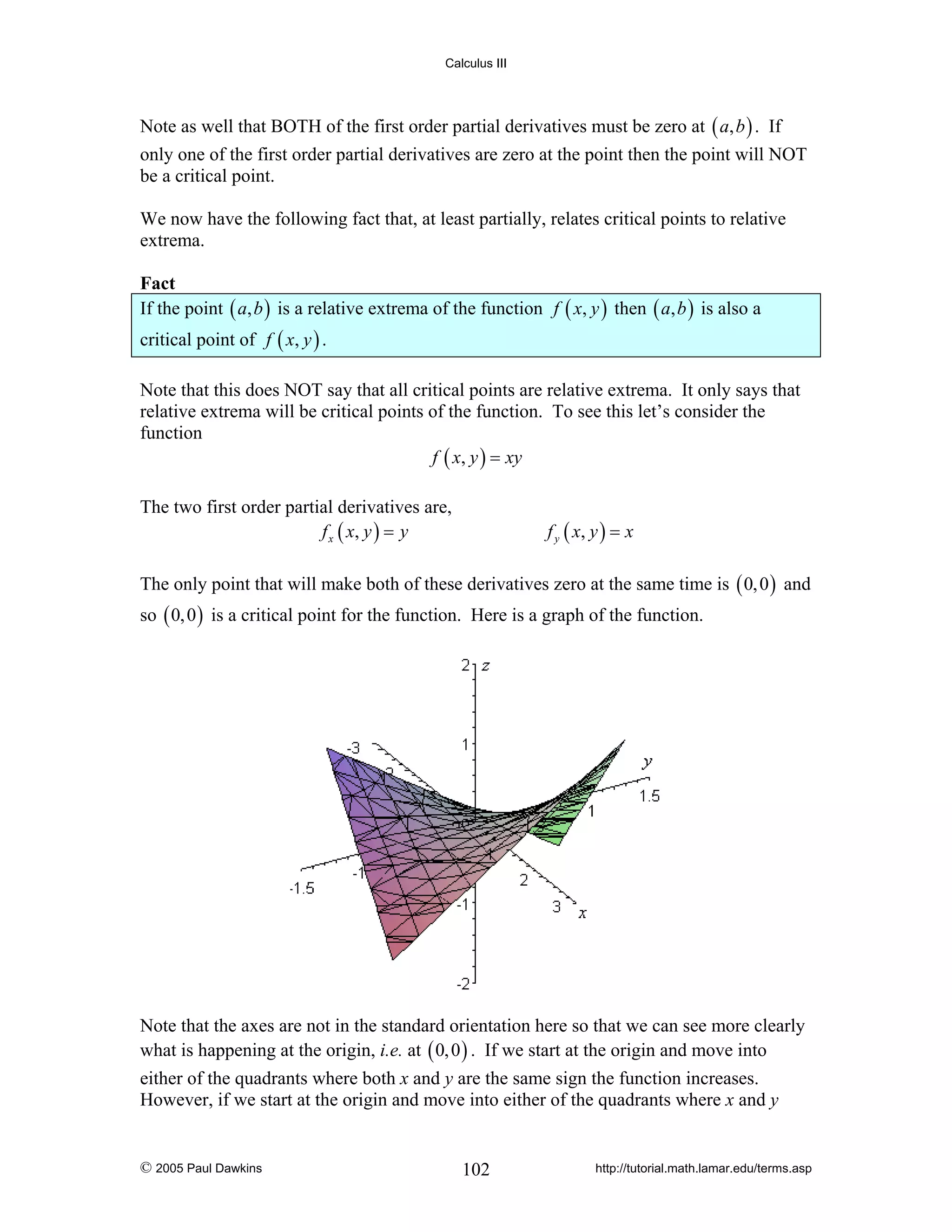 Calculus III

Note as well that BOTH of the first order partial derivatives must be zero at ( a, b ) . If
only one of the first order partial derivatives are zero at the point then the point will NOT
be a critical point.
We now have the following fact that, at least partially, relates critical points to relative
extrema.

Fact
If the point ( a, b ) is a relative extrema of the function f ( x, y ) then ( a, b ) is also a
critical point of f ( x, y ) .
Note that this does NOT say that all critical points are relative extrema. It only says that
relative extrema will be critical points of the function. To see this let’s consider the
function
f ( x, y ) = xy
The two first order partial derivatives are,
f x ( x, y ) = y

f y ( x, y ) = x

The only point that will make both of these derivatives zero at the same time is ( 0, 0 ) and
so ( 0, 0 ) is a critical point for the function. Here is a graph of the function.

Note that the axes are not in the standard orientation here so that we can see more clearly
what is happening at the origin, i.e. at ( 0, 0 ) . If we start at the origin and move into
either of the quadrants where both x and y are the same sign the function increases.
However, if we start at the origin and move into either of the quadrants where x and y

© 2005 Paul Dawkins

102

http://tutorial.math.lamar.edu/terms.asp

 