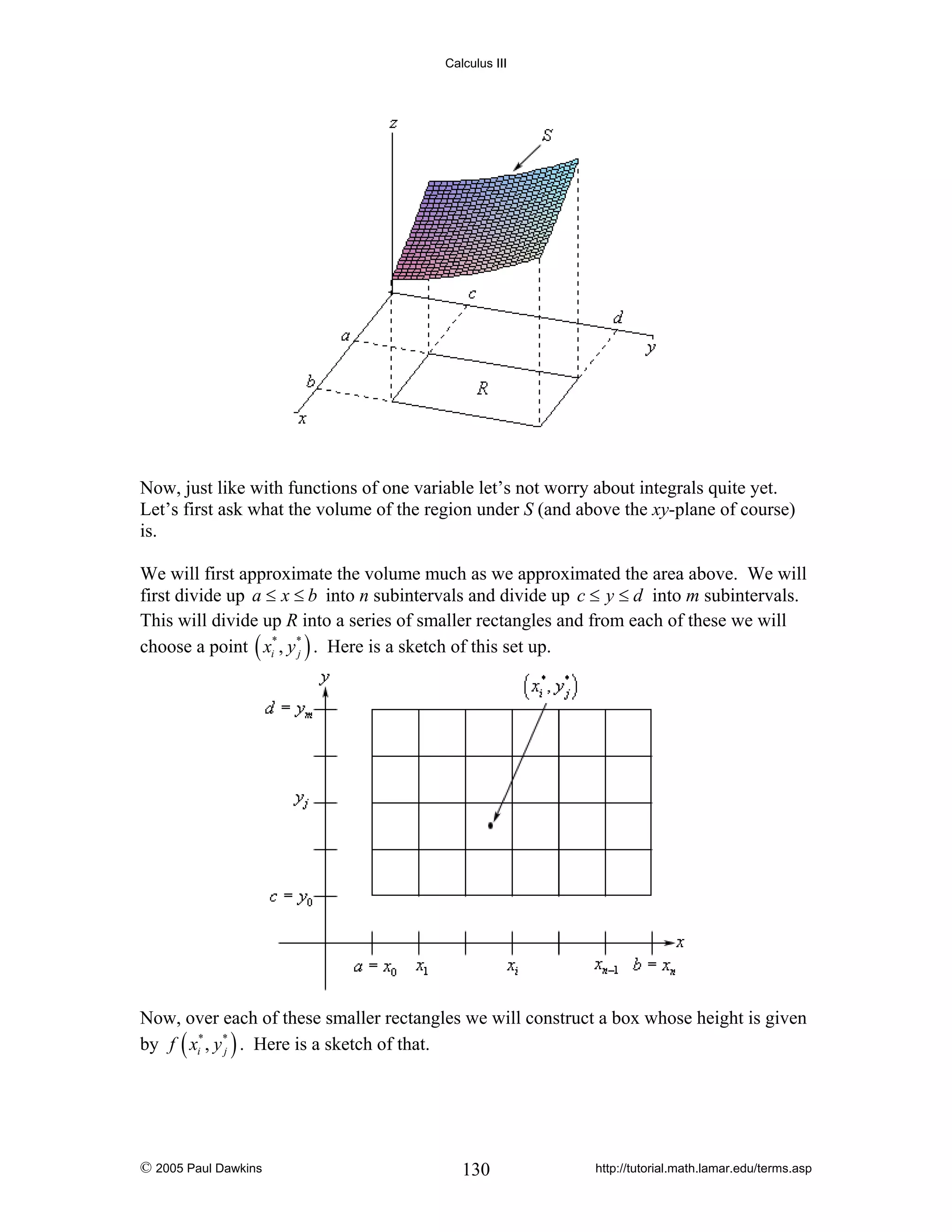 Calculus III

Now, just like with functions of one variable let’s not worry about integrals quite yet.
Let’s first ask what the volume of the region under S (and above the xy-plane of course)
is.
We will first approximate the volume much as we approximated the area above. We will
first divide up a ≤ x ≤ b into n subintervals and divide up c ≤ y ≤ d into m subintervals.
This will divide up R into a series of smaller rectangles and from each of these we will
choose a point ( xi* , y * ) . Here is a sketch of this set up.
j

Now, over each of these smaller rectangles we will construct a box whose height is given
by f ( xi* , y * ) . Here is a sketch of that.
j

© 2005 Paul Dawkins

130

http://tutorial.math.lamar.edu/terms.asp

 