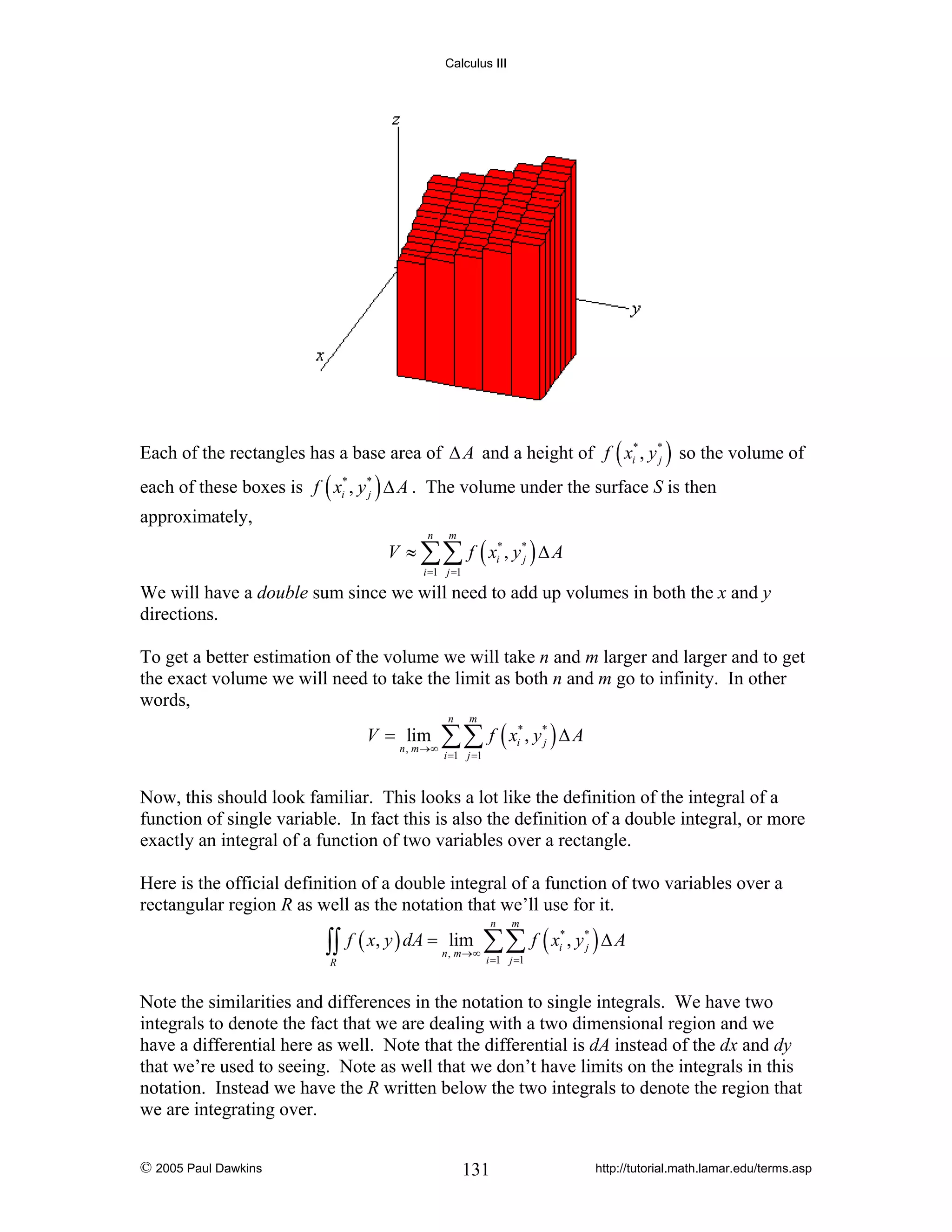 Calculus III

Each of the rectangles has a base area of Δ A and a height of f ( xi* , y * ) so the volume of
j
each of these boxes is f ( xi* , y * ) Δ A . The volume under the surface S is then
j

approximately,
V ≈ ∑∑ f ( xi* , y* ) Δ A
j
n

m

i =1 j =1

We will have a double sum since we will need to add up volumes in both the x and y
directions.
To get a better estimation of the volume we will take n and m larger and larger and to get
the exact volume we will need to take the limit as both n and m go to infinity. In other
words,
V = lim

n , m →∞

∑∑ f ( x , y ) Δ A
n

m

*
i

i =1 j =1

*
j

Now, this should look familiar. This looks a lot like the definition of the integral of a
function of single variable. In fact this is also the definition of a double integral, or more
exactly an integral of a function of two variables over a rectangle.
Here is the official definition of a double integral of a function of two variables over a
rectangular region R as well as the notation that we’ll use for it.

∫∫
R

f ( x, y ) dA = lim

n , m →∞

∑∑ f ( x , y ) Δ A
n

m

i =1 j =1

*
i

*
j

Note the similarities and differences in the notation to single integrals. We have two
integrals to denote the fact that we are dealing with a two dimensional region and we
have a differential here as well. Note that the differential is dA instead of the dx and dy
that we’re used to seeing. Note as well that we don’t have limits on the integrals in this
notation. Instead we have the R written below the two integrals to denote the region that
we are integrating over.
© 2005 Paul Dawkins

131

http://tutorial.math.lamar.edu/terms.asp

 